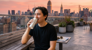 A candid photograph of a stylish young adult taking a sip from a sleek, unbranded aluminum beverage can. They are leaning against a glass railing on a peaceful, upscale Manhattan rooftop terrace, which is filled with modern, potted greenery and some string lights. Behind them, the soft-focus New York City skyline is silhouetted against a beautiful pink and orange golden hour sunset. The mood is relaxed and elevated, illustrating an urban social consumption moment.