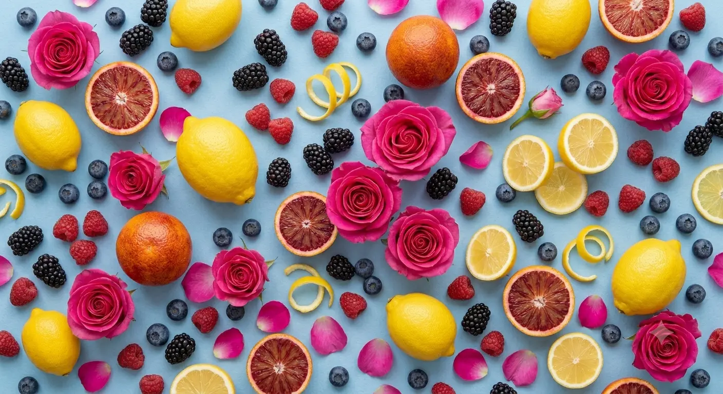 A vibrant, tightly packed flat lay pattern over a solid light blue background, illustrating a variety of fresh ingredients and flowers. The repeating pattern includes whole and halved lemons, sliced blood oranges with deep red centers, whole small citrus fruits, curled yellow lemon peels, dark black blackberries, scattered red raspberries, small blue blueberries, open vibrant pink rose blooms, and delicate loose pink flower petals.