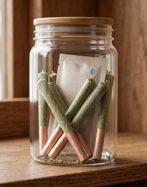 A close-up shot of a clear glass storage jar sitting on a wooden shelf, filled with several cannabis pre-rolls. The pre-rolls feature green rolling paper and distinct copper-colored or rose-gold filters at the base. Inside the jar alongside the joints is a small, rectangular beige moisture-control packet with a blue dot indicator. The jar is sealed with a smooth, light-colored wooden lid, set against a warm, blurred wood background.