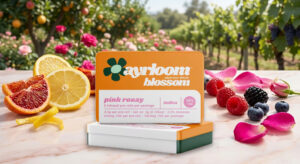 A product display for Ayrloom Blossom "Pink Rozay" cannabis pre-rolls, set against a bright orchard and vineyard backdrop. In the foreground, an orange and white rectangular metal tin sits upright on top of another stacked tin on a marble surface. The label reads "ayrloom blossom," "pink rozay," "indica," and "35% THC," detailing "5 infused pre-rolls per package." The tins are flanked on the left by sliced lemons, blood oranges, and twists of citrus peel, and on the right by scattered raspberries, blackberries, blueberries, and pink rose petals