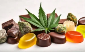 A close-up studio shot displaying an assortment of cannabis-infused treats on a white surface. The collection features smooth chocolate pralines, broken pieces of dark chocolate bars, translucent oval gummies in yellow and orange tones, and several green, sugary nugs resembling cannabis buds. A large, fresh green cannabis leaf is draped across the top center of the pile.