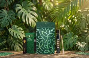 A vibrant, tropical-themed product photograph showcasing a variety of cannabis products from the brand 'CAM' neatly arranged on a rustic wooden surface. In the center of CAM Devil Driver stands a large, deep green flexible mylar pouch decorated with light green abstract leaf patterns. To its left sits a matching green product box with gold lettering alongside a slim, black disposable vape pen that features a clear viewing window filled with golden cannabis oil. To the right of the pouch, a sleek black glass pre-roll storage tube with a gold logo stands next to a neatly rolled joint with a white branded filter tip. The entire collection is framed by a dense, lush background of tropical jungle foliage bathed in warm, dappled sunlight to emphasize a premium, natural, and organic botanical theme.