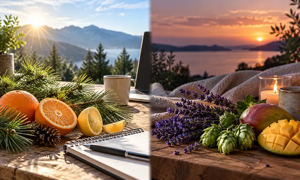 A split image illustrating daytime focus-oriented terpenes like pinene and limonene on the left, contrasted with evening decompression-oriented terpenes like myrcene and linalool on the right.
