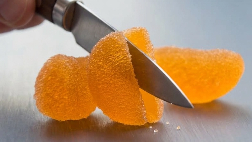 A knife cutting an orange hybrid cannabis gummy edible in half to achieve a controlled, sub-perceptual microdose for daytime productivity.
