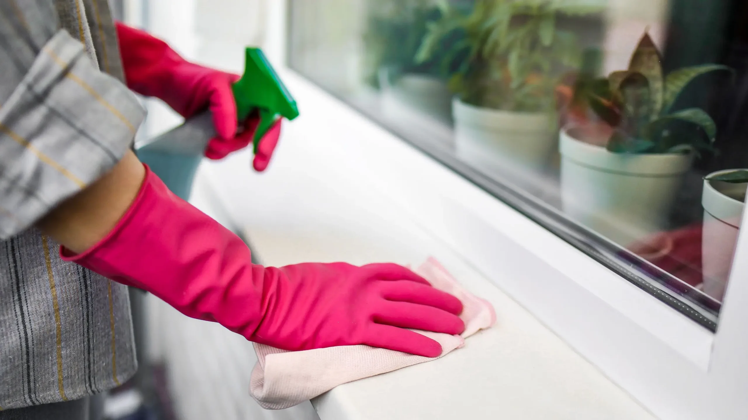 A person wearing pink rubber gloves wiping a windowsill, illustrating the functional, non-intoxicating focus and task endurance achieved by microdosing cannabis.